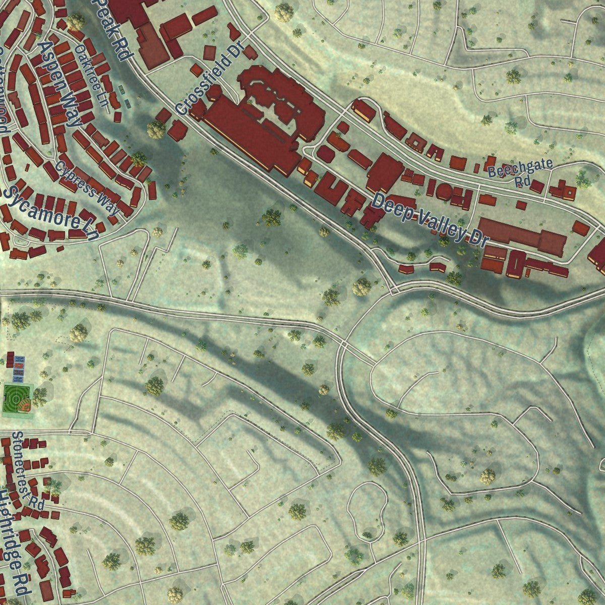 Second close-up of the map of Rolling Hills Estates, California print showing more streets and buildings