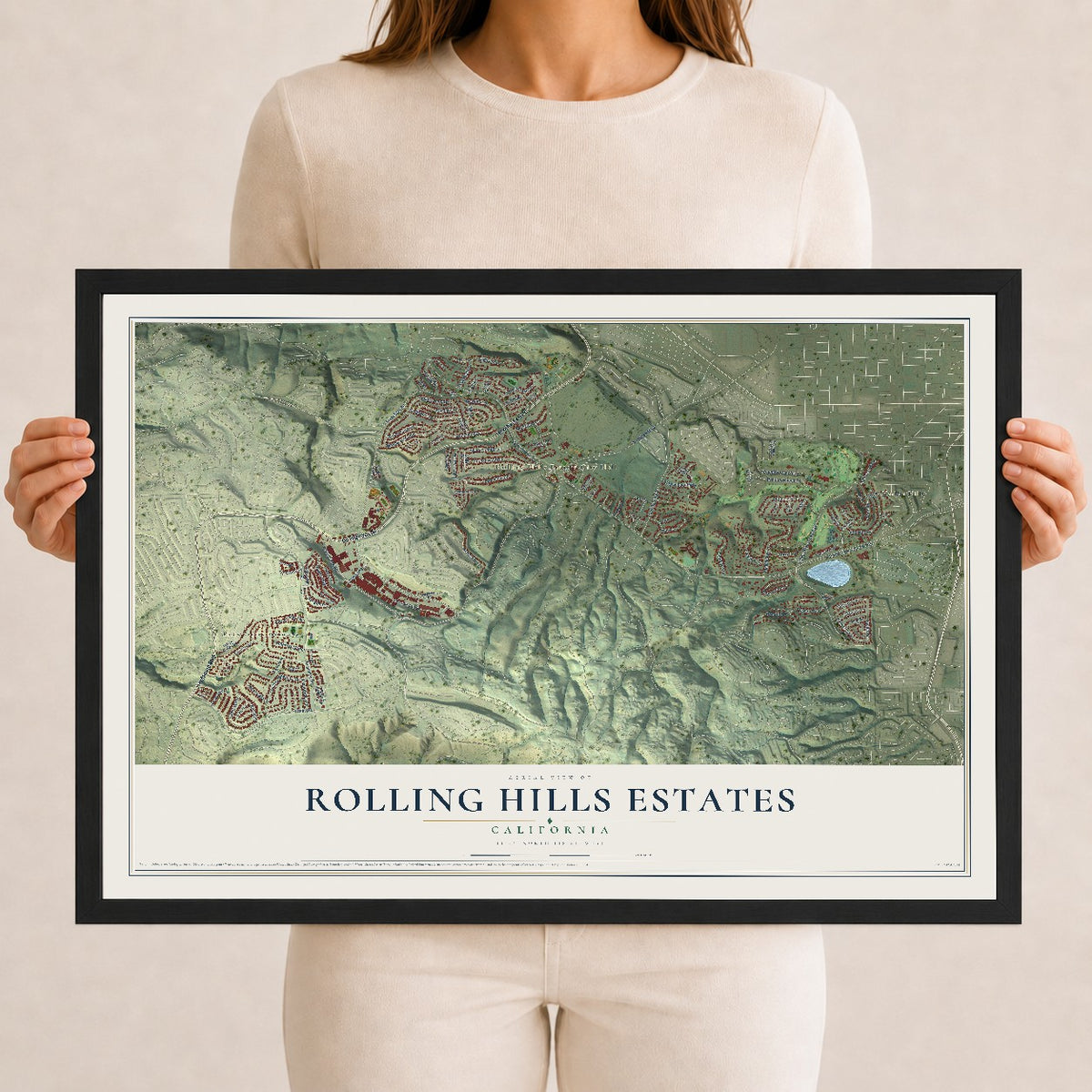 Map of Rolling Hills Estates, California, 12 x 18 inch print in a black wood frame