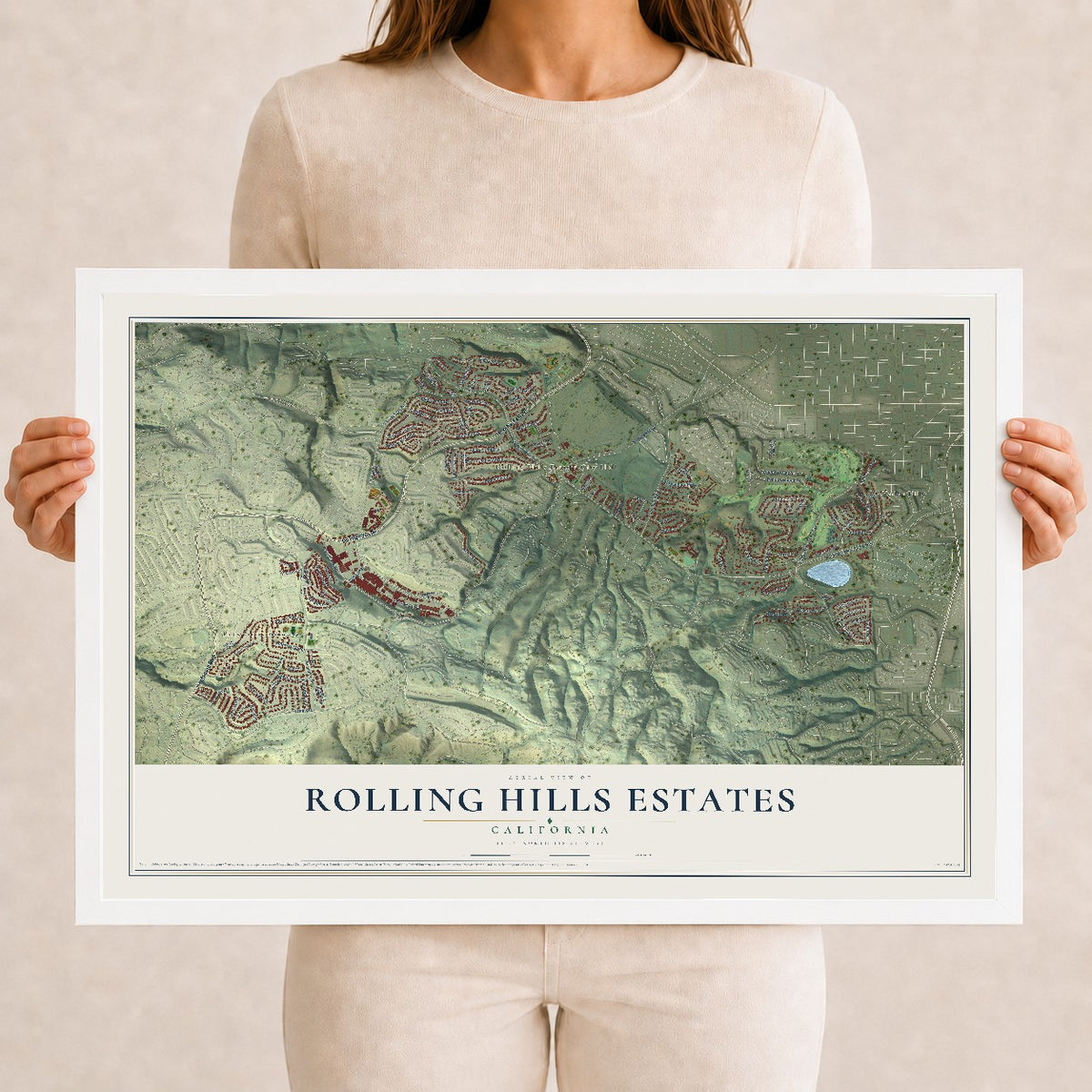 Map of Rolling Hills Estates, California, 12 x 18 inch print in a white wood frame
