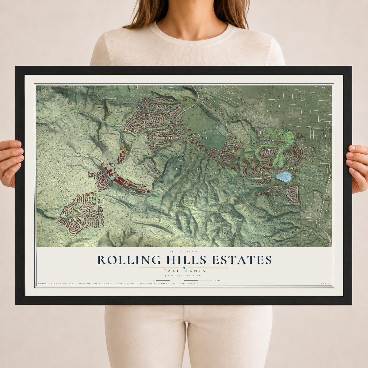 Map of Rolling Hills Estates, California, 18 x 24 inch print in a black wood frame