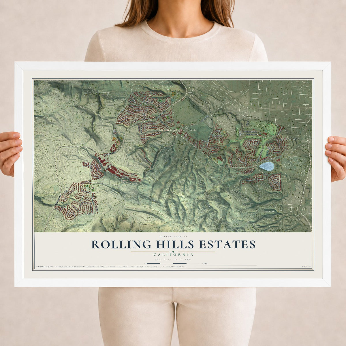 Map of Rolling Hills Estates, California, 18 x 24 inch print in a white wood frame