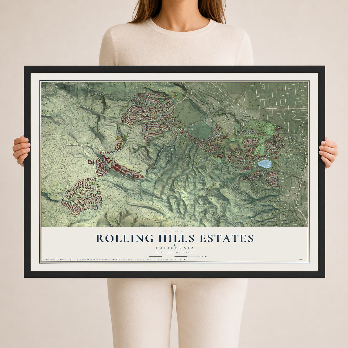 Map of Rolling Hills Estates, California, 24 x 36 inch print in a black wood frame