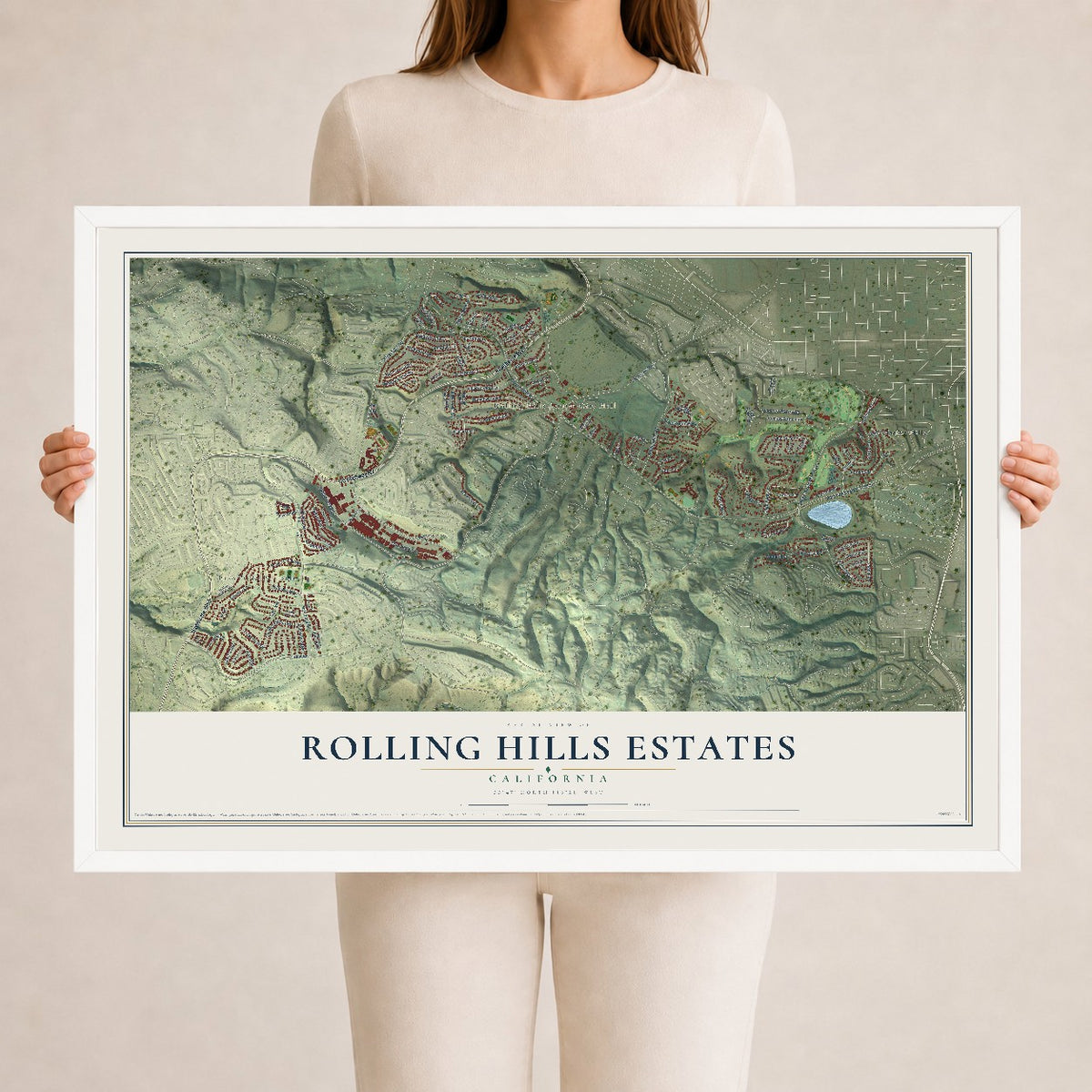 Map of Rolling Hills Estates, California, 24 x 36 inch print in a white wood frame