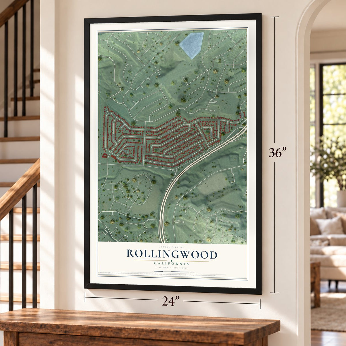 Rollingwood, California map, 24 x 36 inch print in a black frame by a staircase