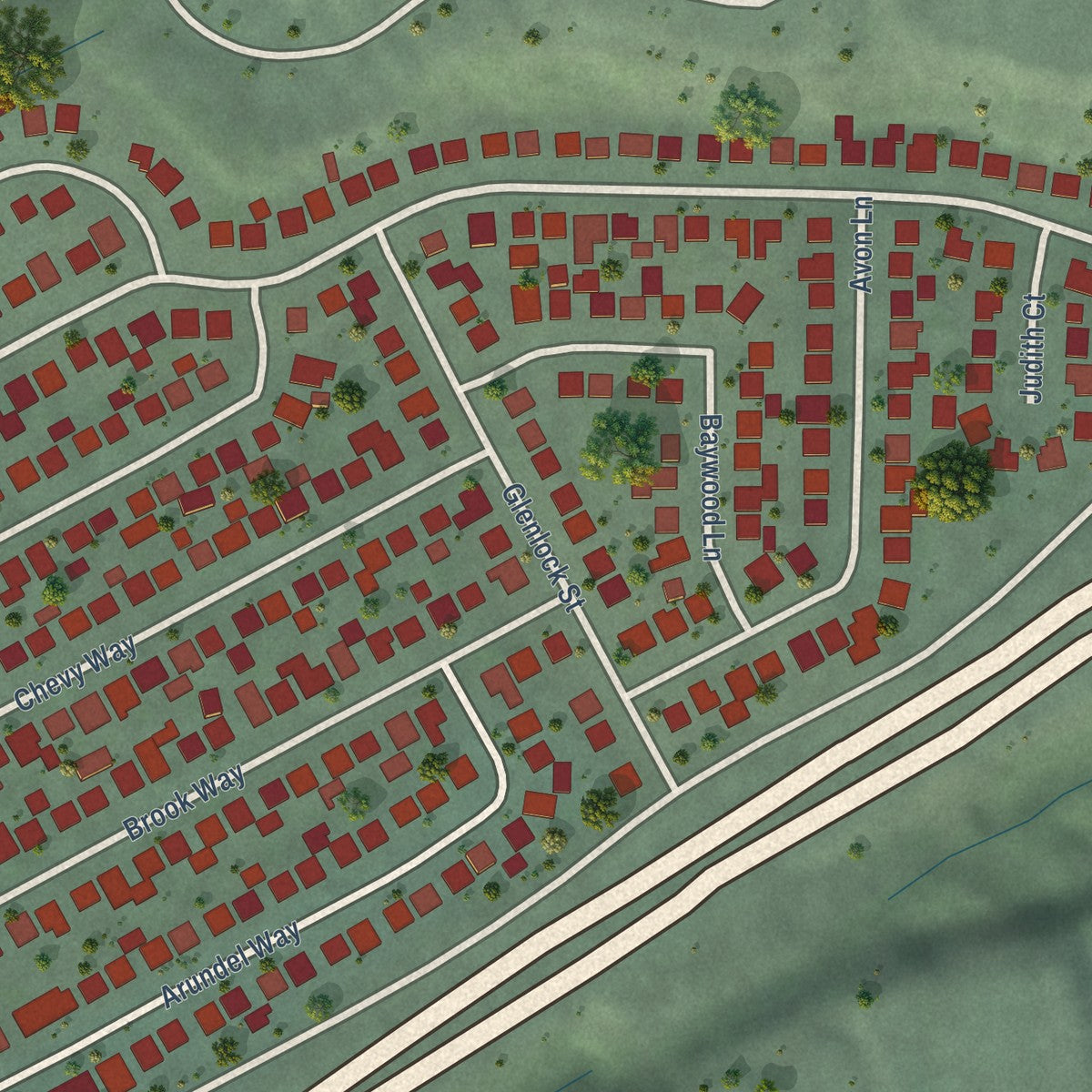 Close-up of the map of Rollingwood, California print showing street and building detail
