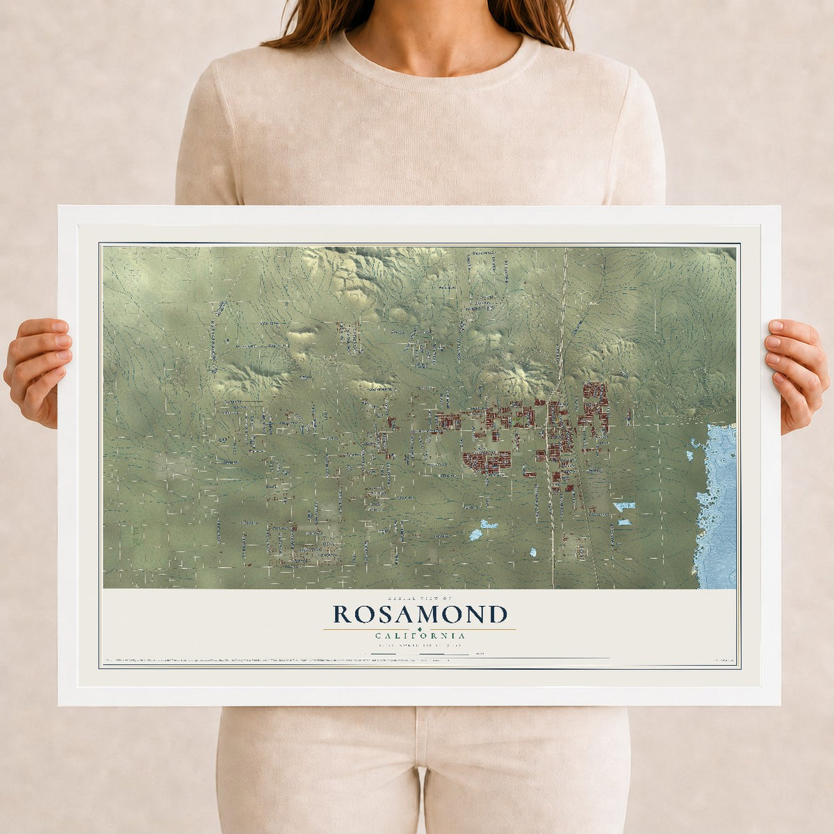 Map of Rosamond, California, 12 x 18 inch print in a white wood frame