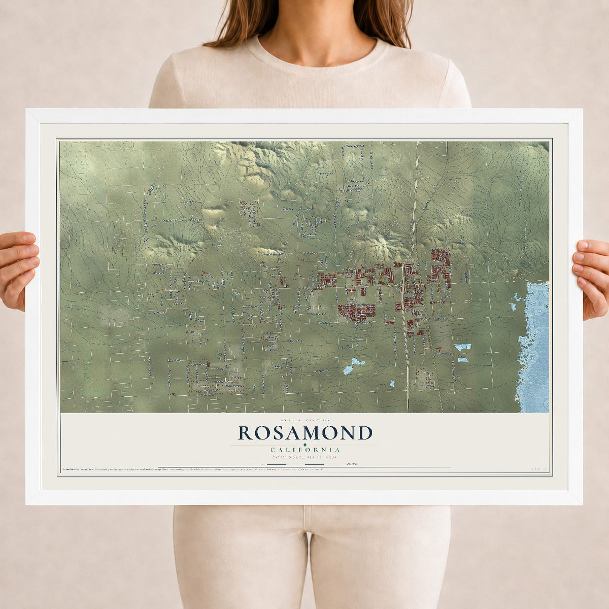 Map of Rosamond, California, 18 x 24 inch print in a white wood frame