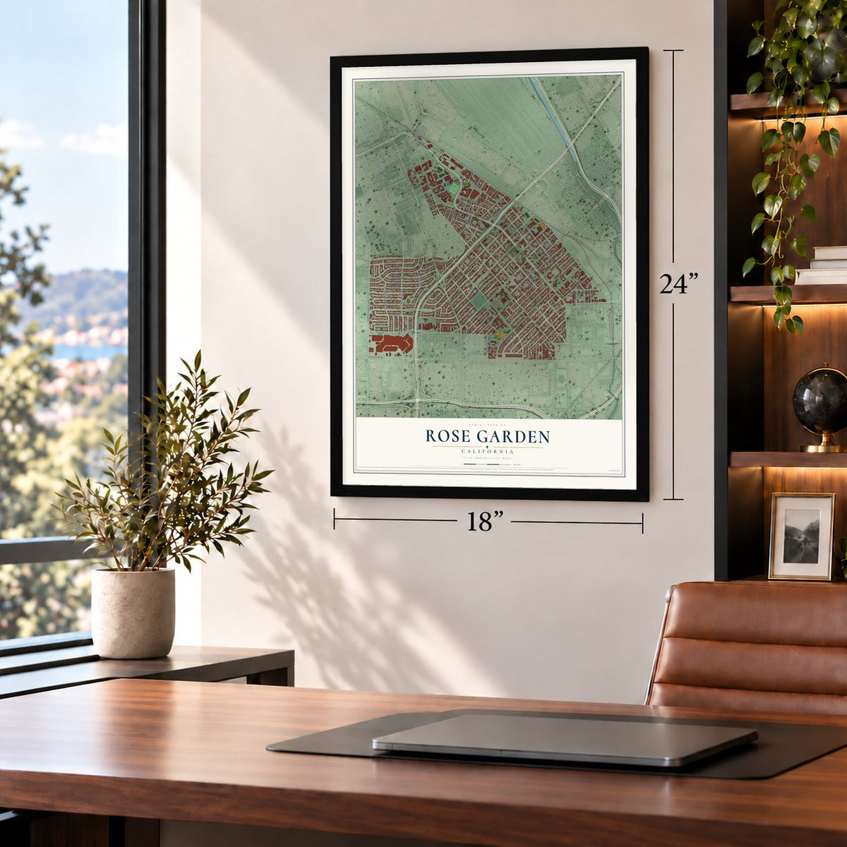 Rose Garden, California map, 18 x 24 inch print in a black frame in a home office