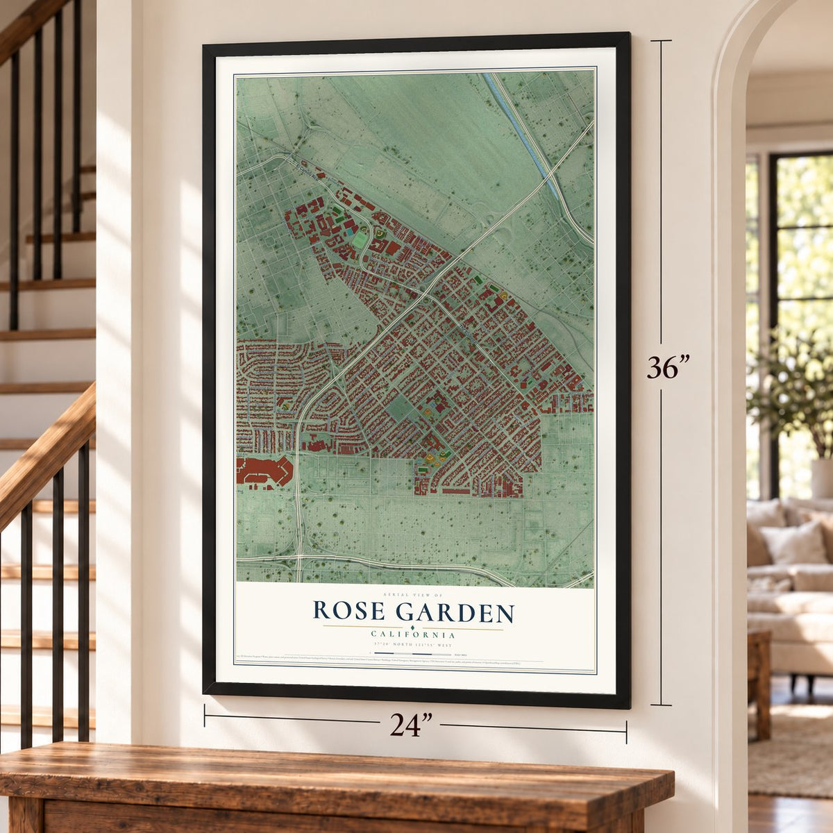 Rose Garden, California map, 24 x 36 inch print in a black frame by a staircase