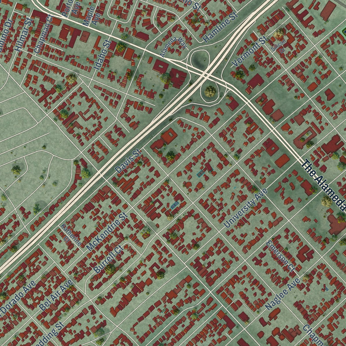 Close-up of the map of Rose Garden, California print showing street and building detail