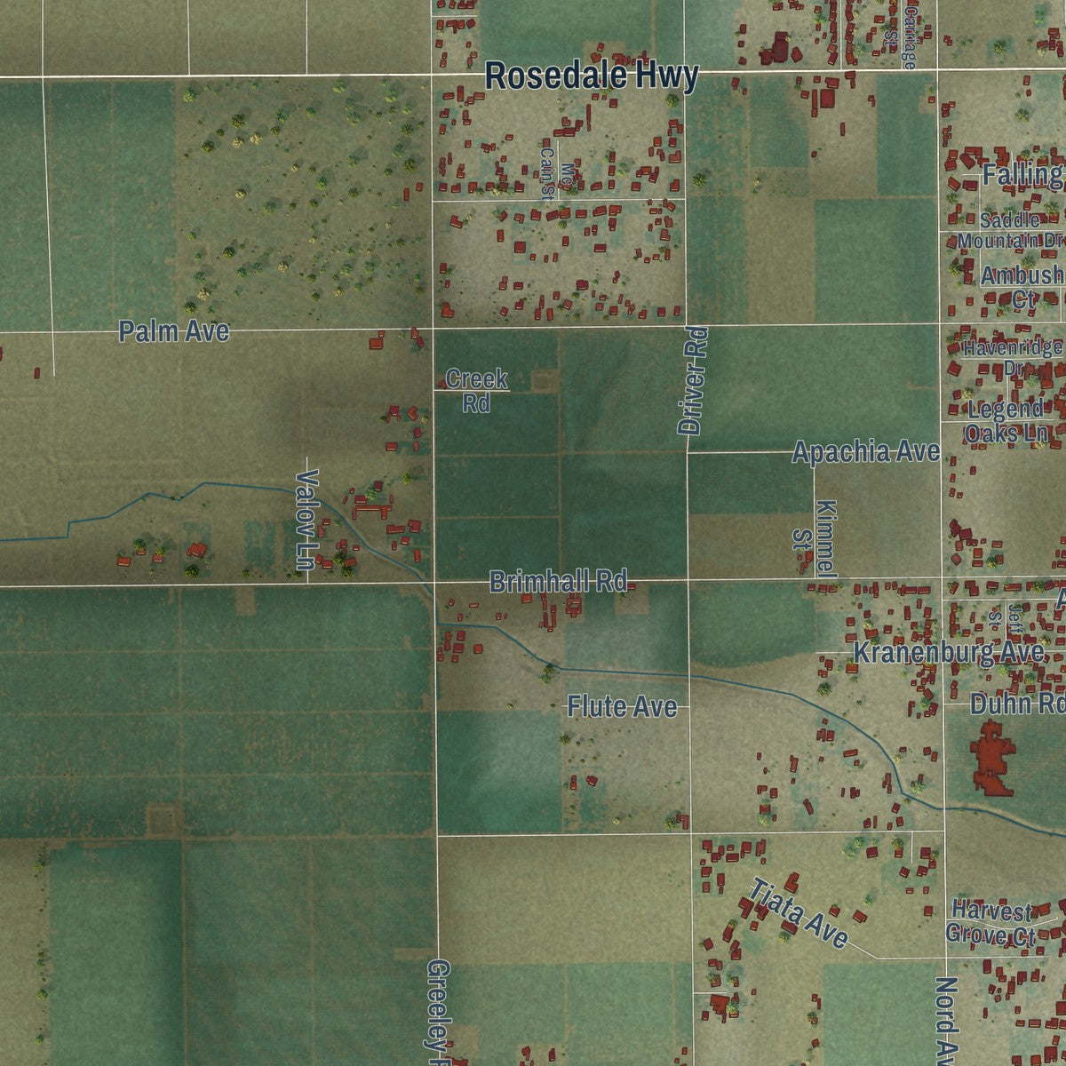 Second close-up of the map of Rosedale, California print showing more streets and buildings