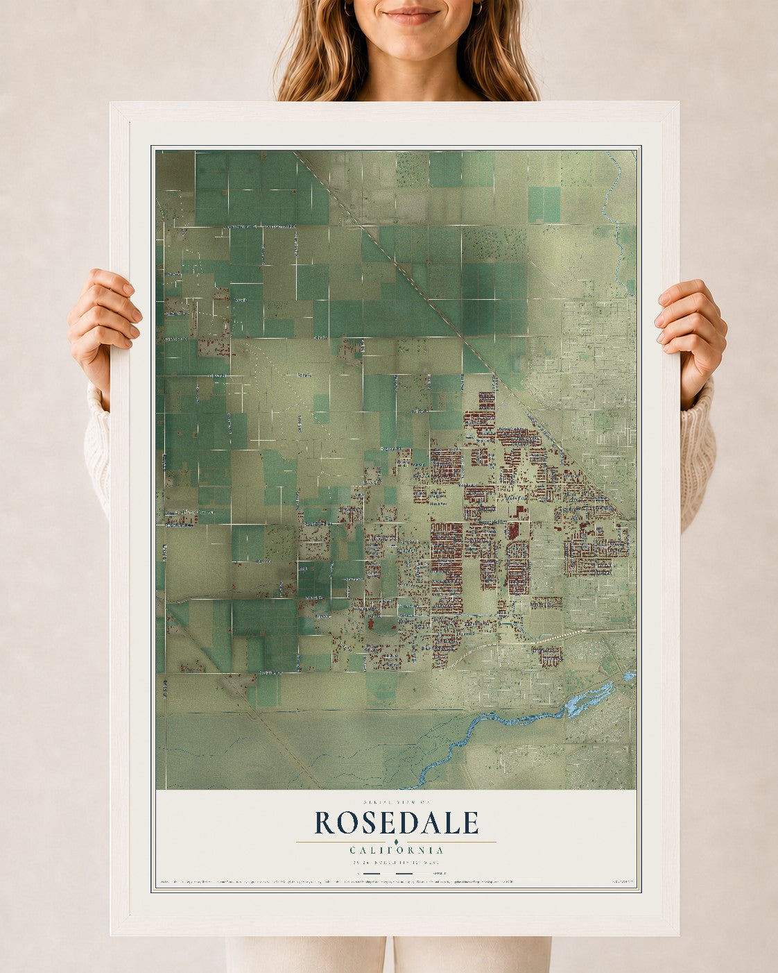 Map of Rosedale, California, 24 x 36 inch print in a white wood frame