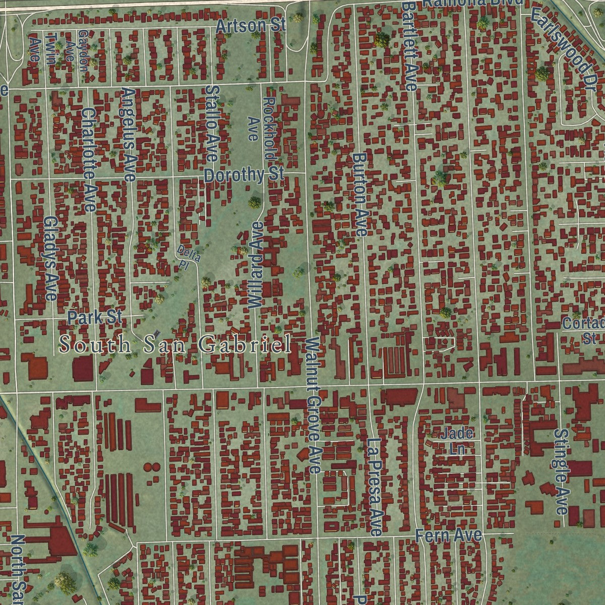 Close-up of the map of Rosemead, California print showing street and building detail