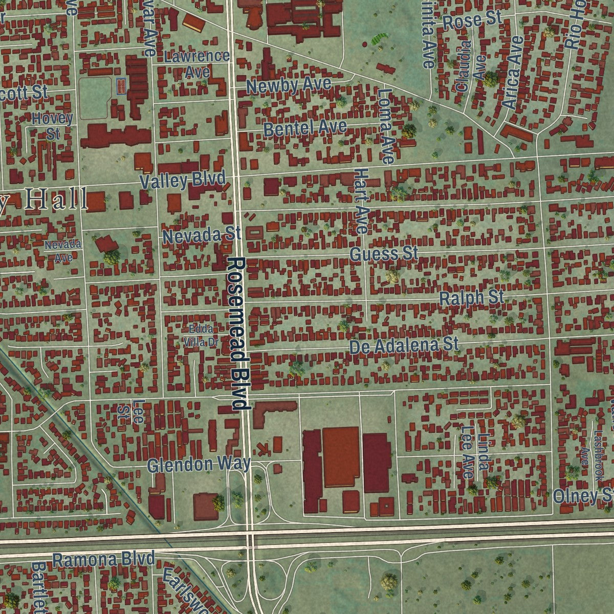 Second close-up of the map of Rosemead, California print showing more streets and buildings