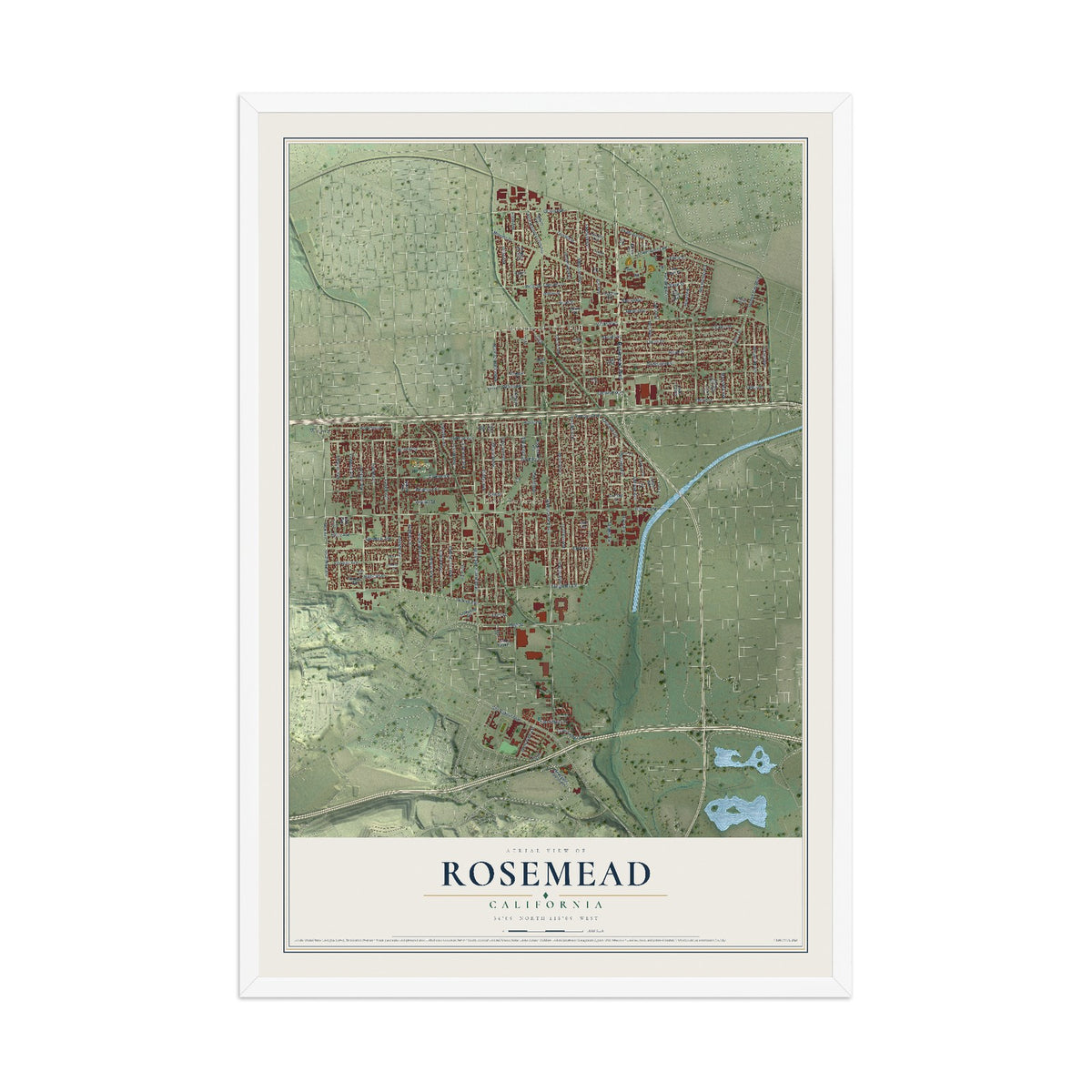 Map of Rosemead, California, 12 x 18 inch print in a white wood frame