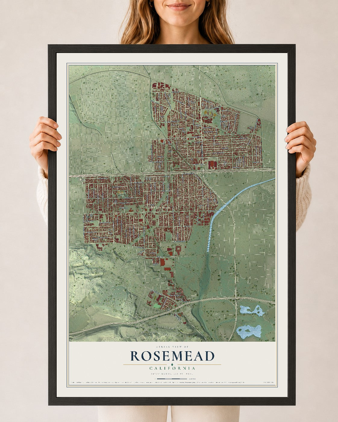 Map of Rosemead, California, 24 x 36 inch print in a black wood frame