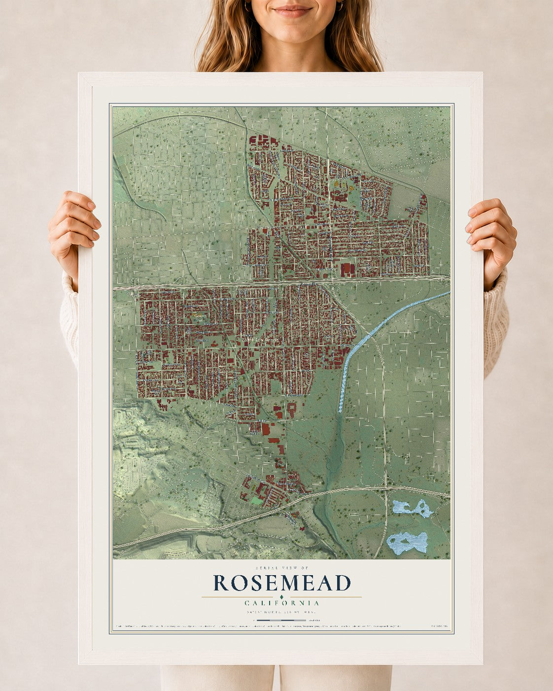 Map of Rosemead, California, 24 x 36 inch print in a white wood frame