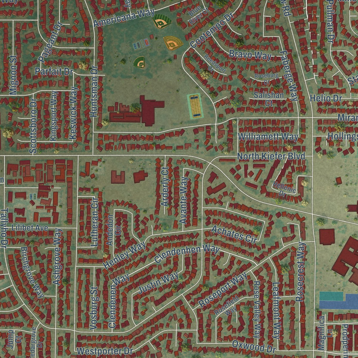 Close-up of the map of Rosemont, California print showing street and building detail