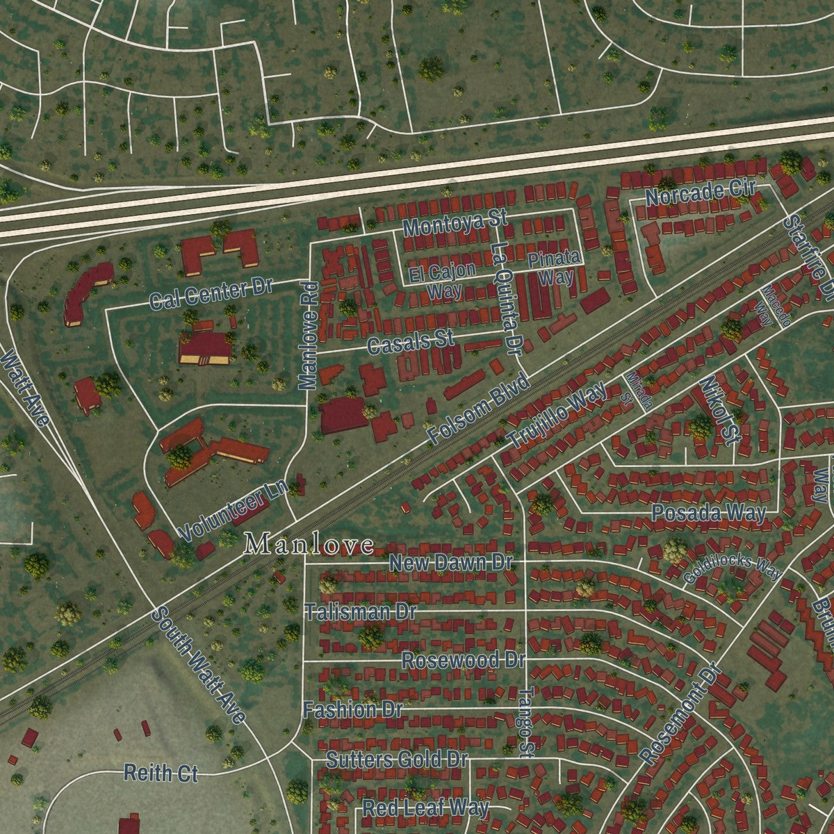 Second close-up of the map of Rosemont, California print showing more streets and buildings