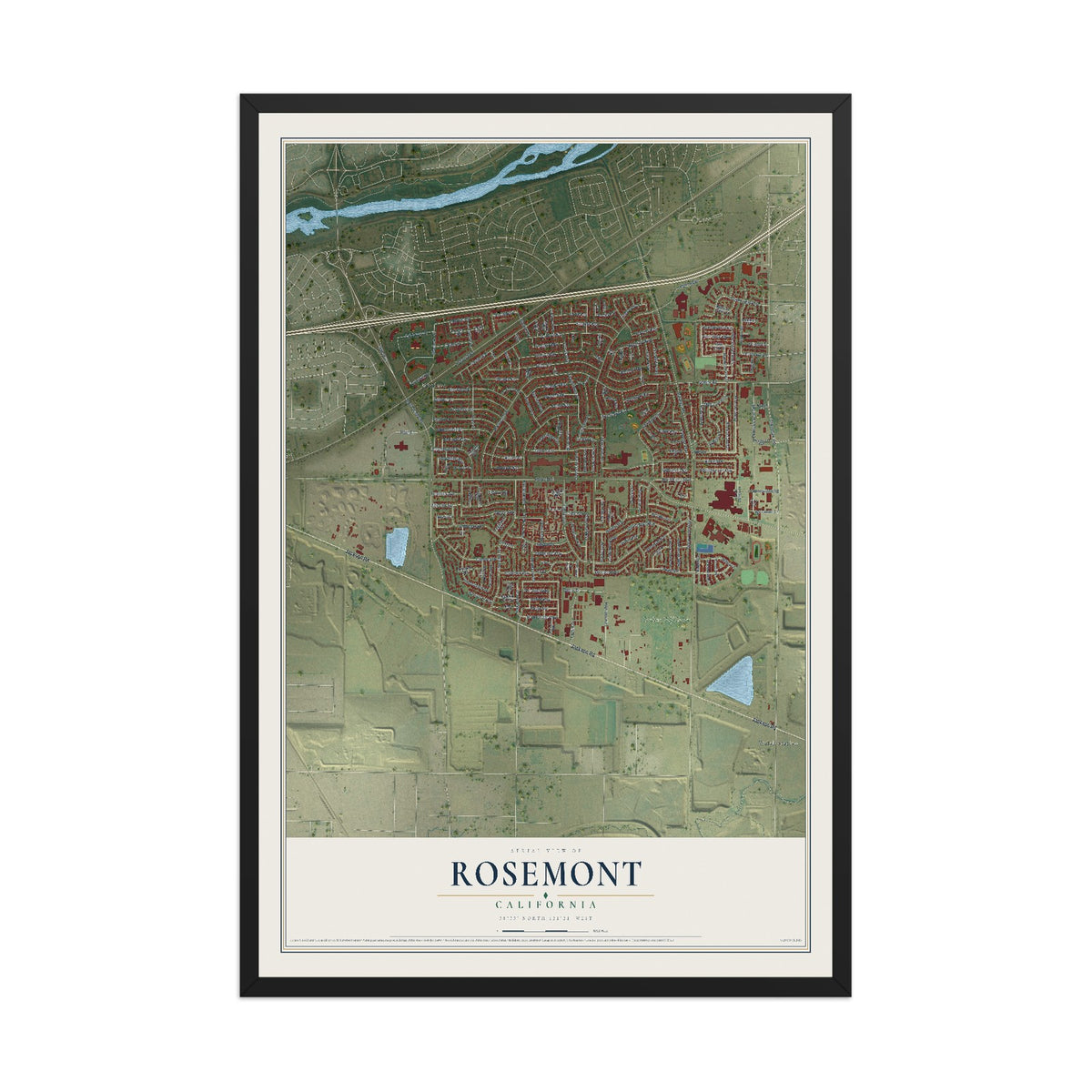 Map of Rosemont, California, 12 x 18 inch print in a black wood frame