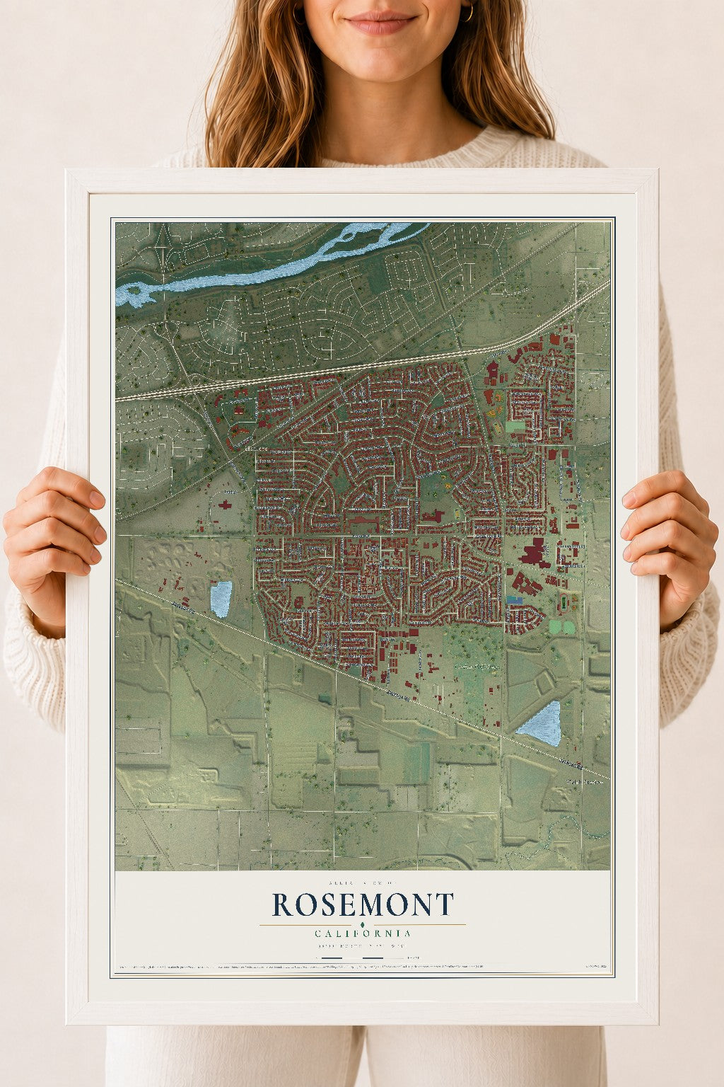 Map of Rosemont, California, 18 x 24 inch print in a white wood frame
