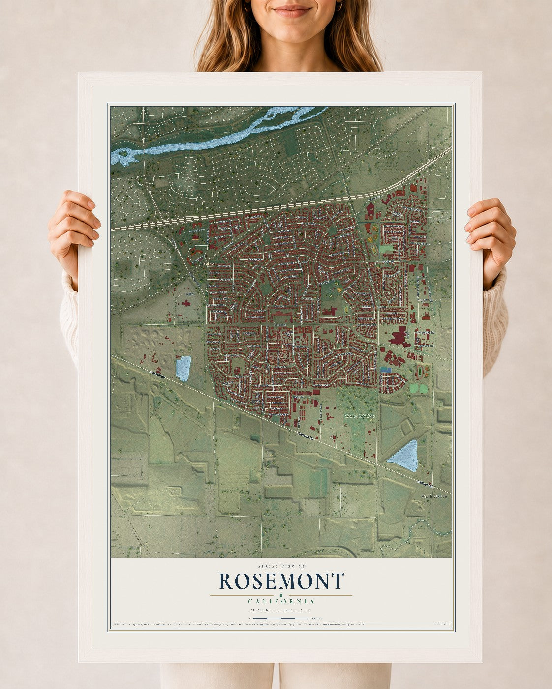 Map of Rosemont, California, 24 x 36 inch print in a white wood frame