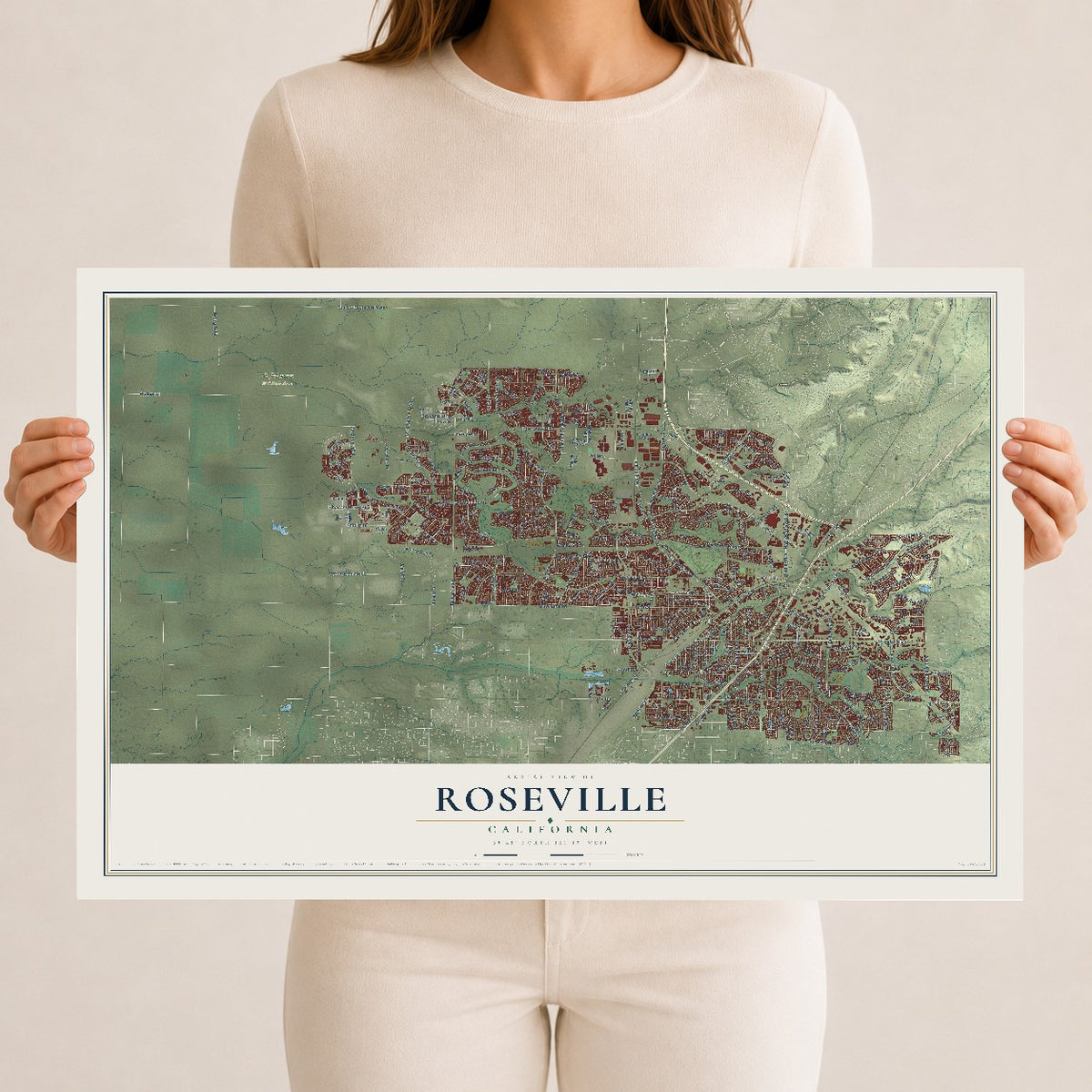 Map of Roseville, California, 12 x 18 inch unframed archival matte print