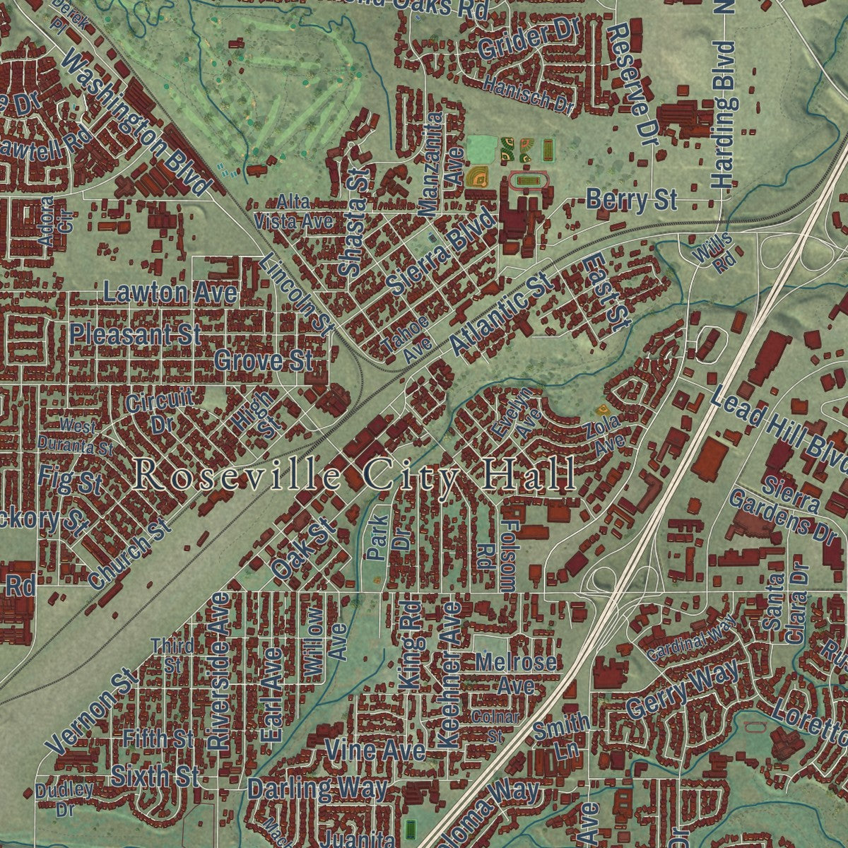 Close-up of the map of Roseville, California print showing street and building detail