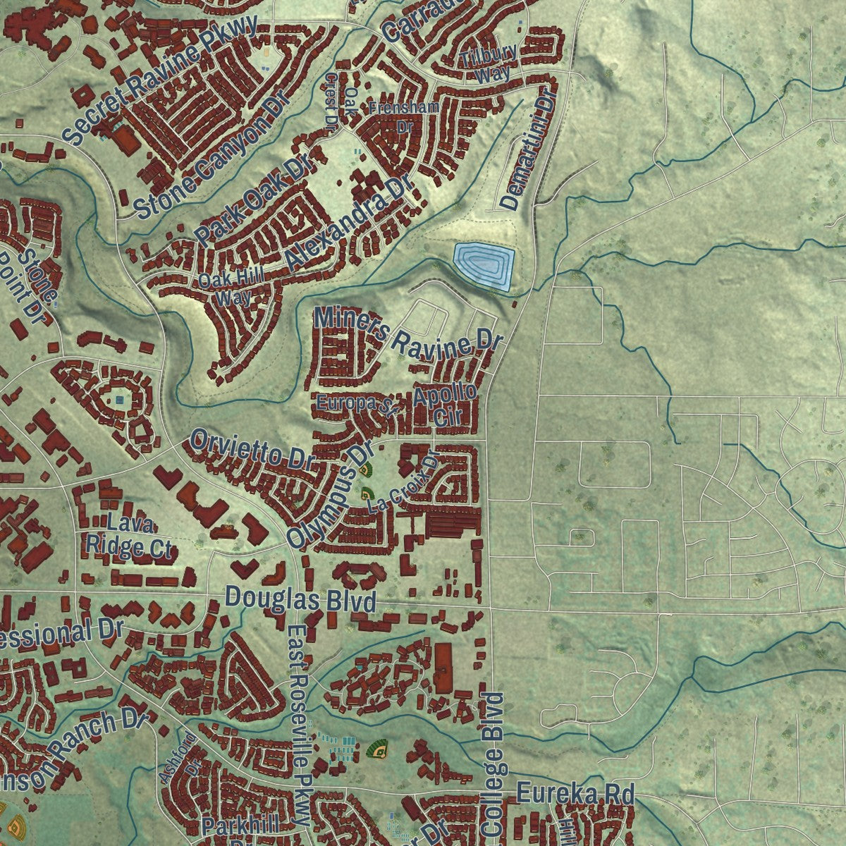 Second close-up of the map of Roseville, California print showing more streets and buildings