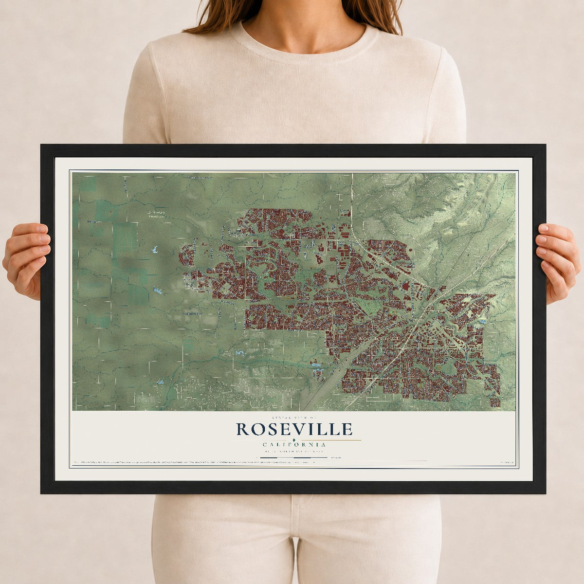 Map of Roseville, California, 12 x 18 inch print in a black wood frame