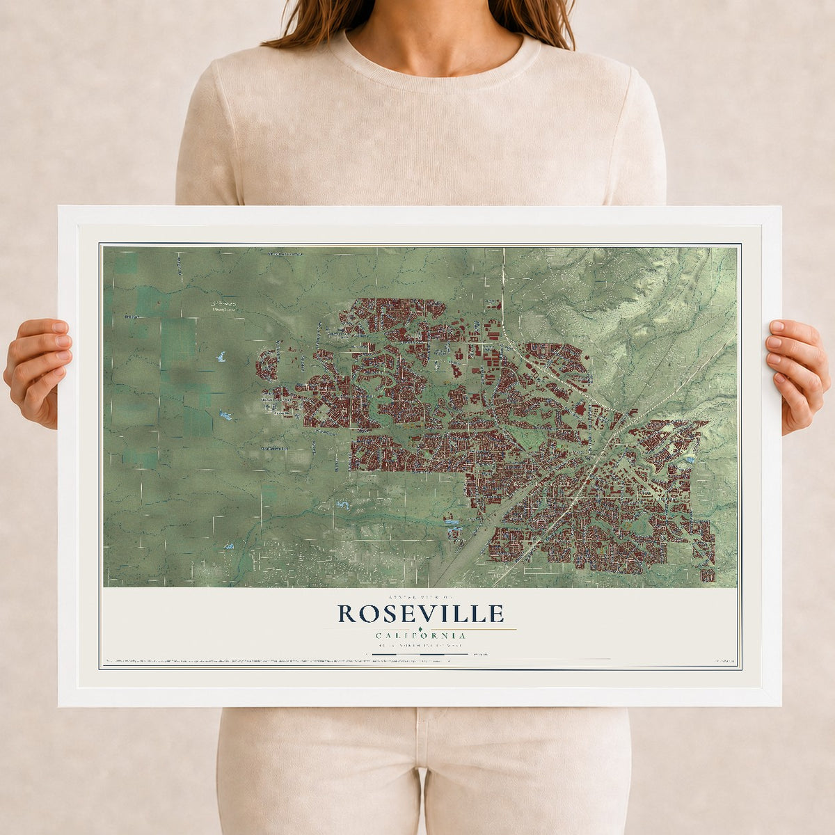 Map of Roseville, California, 12 x 18 inch print in a white wood frame