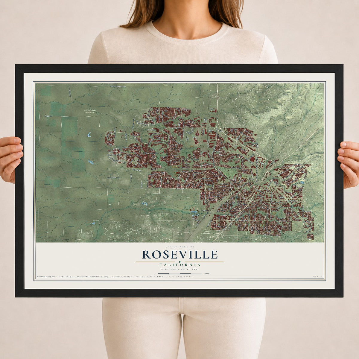 Map of Roseville, California, 18 x 24 inch print in a black wood frame