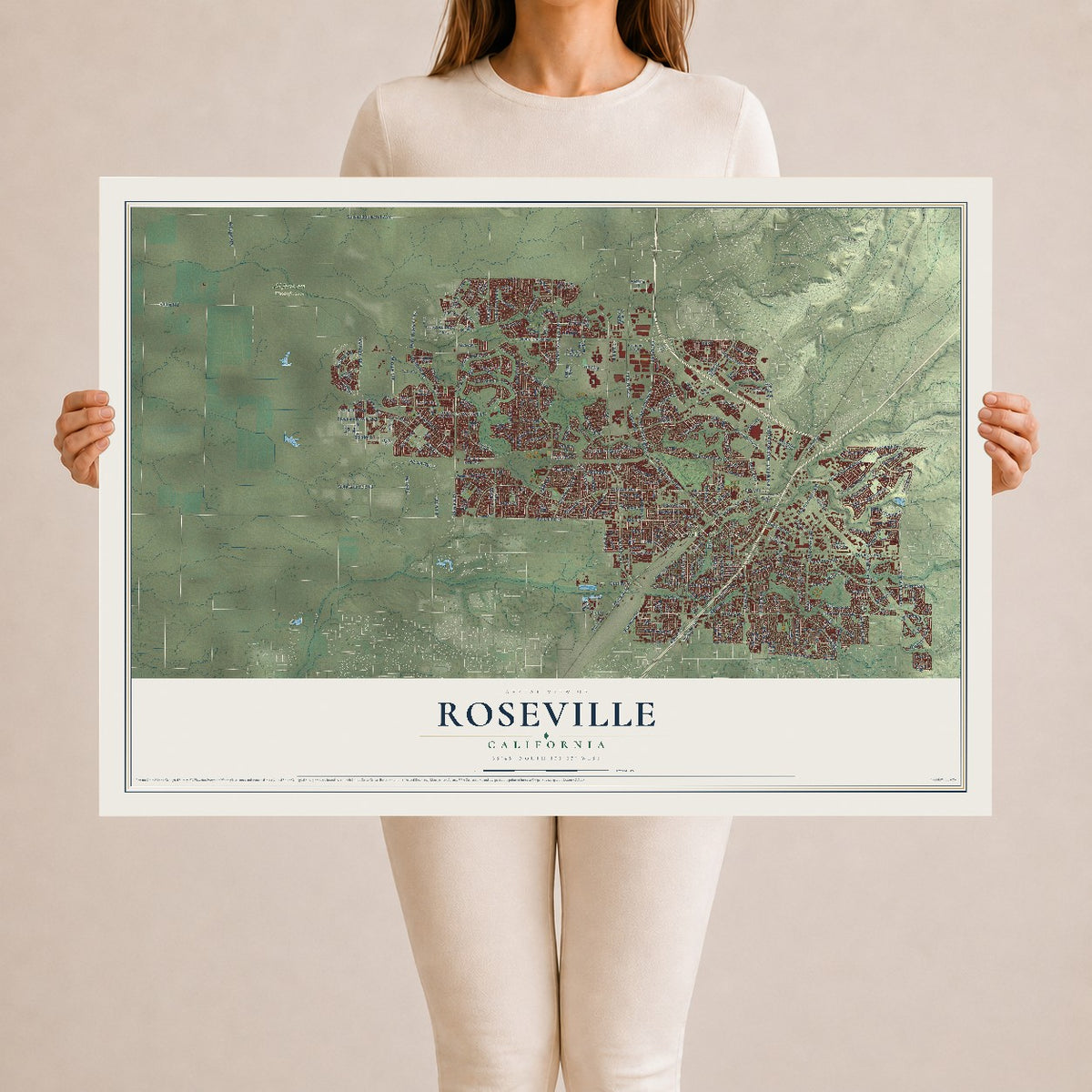 Map of Roseville, California, 24 x 36 inch unframed archival matte print