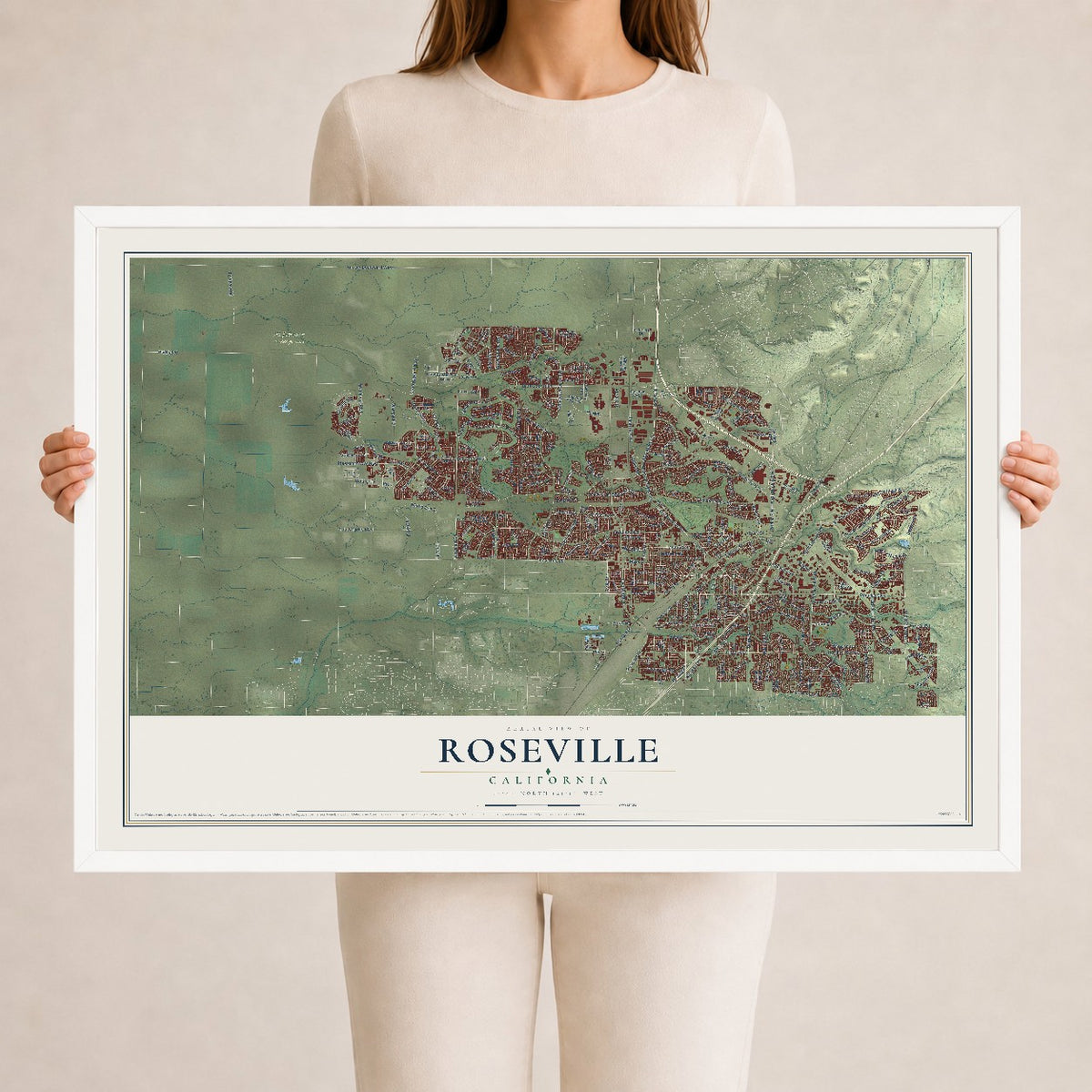 Map of Roseville, California, 24 x 36 inch print in a white wood frame
