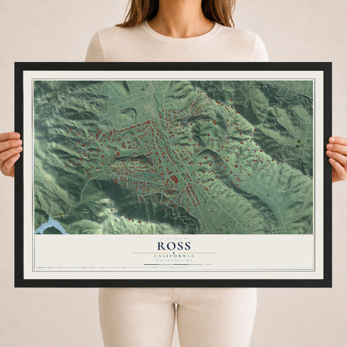 Map of Ross, California, 18 x 24 inch print in a black wood frame