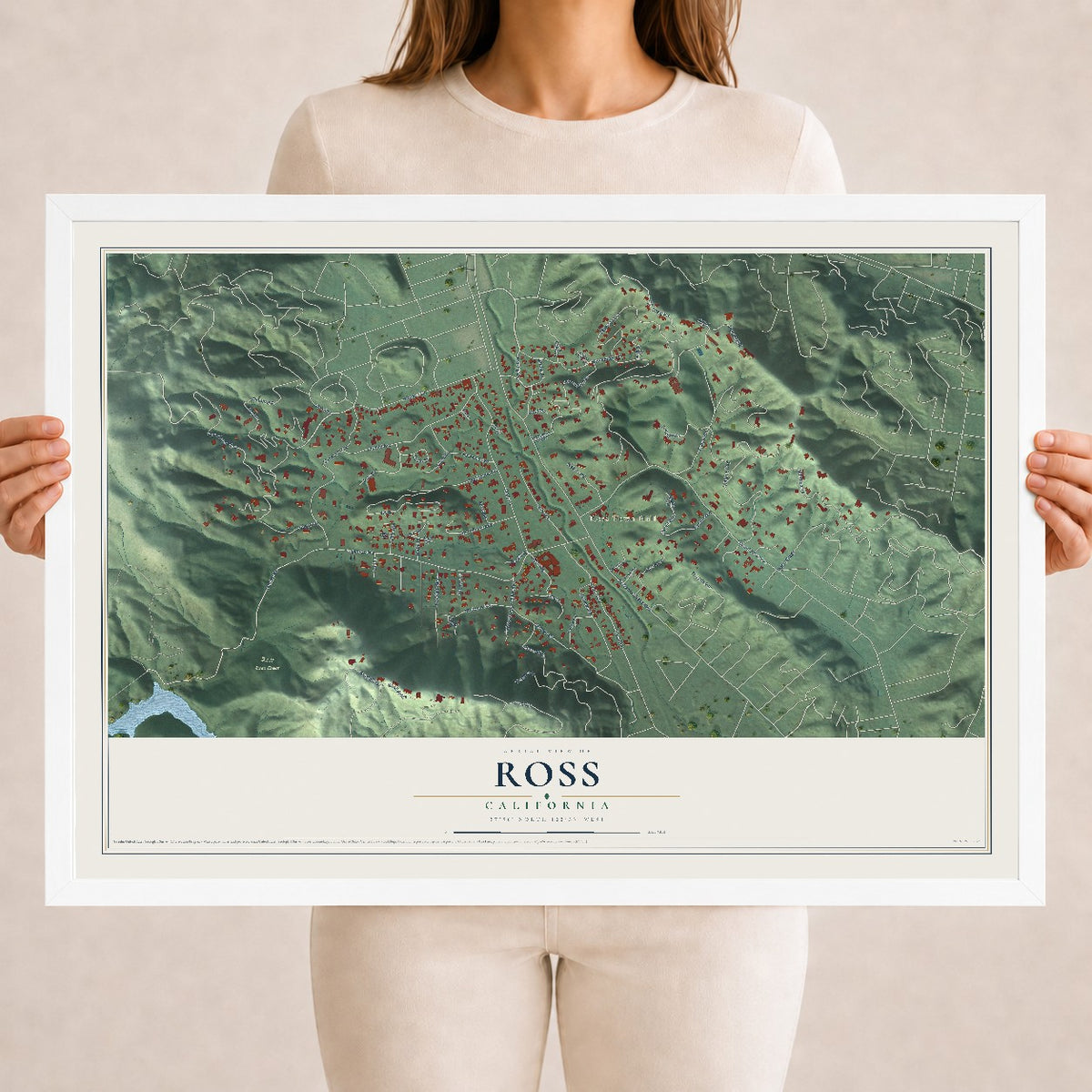 Map of Ross, California, 18 x 24 inch print in a white wood frame