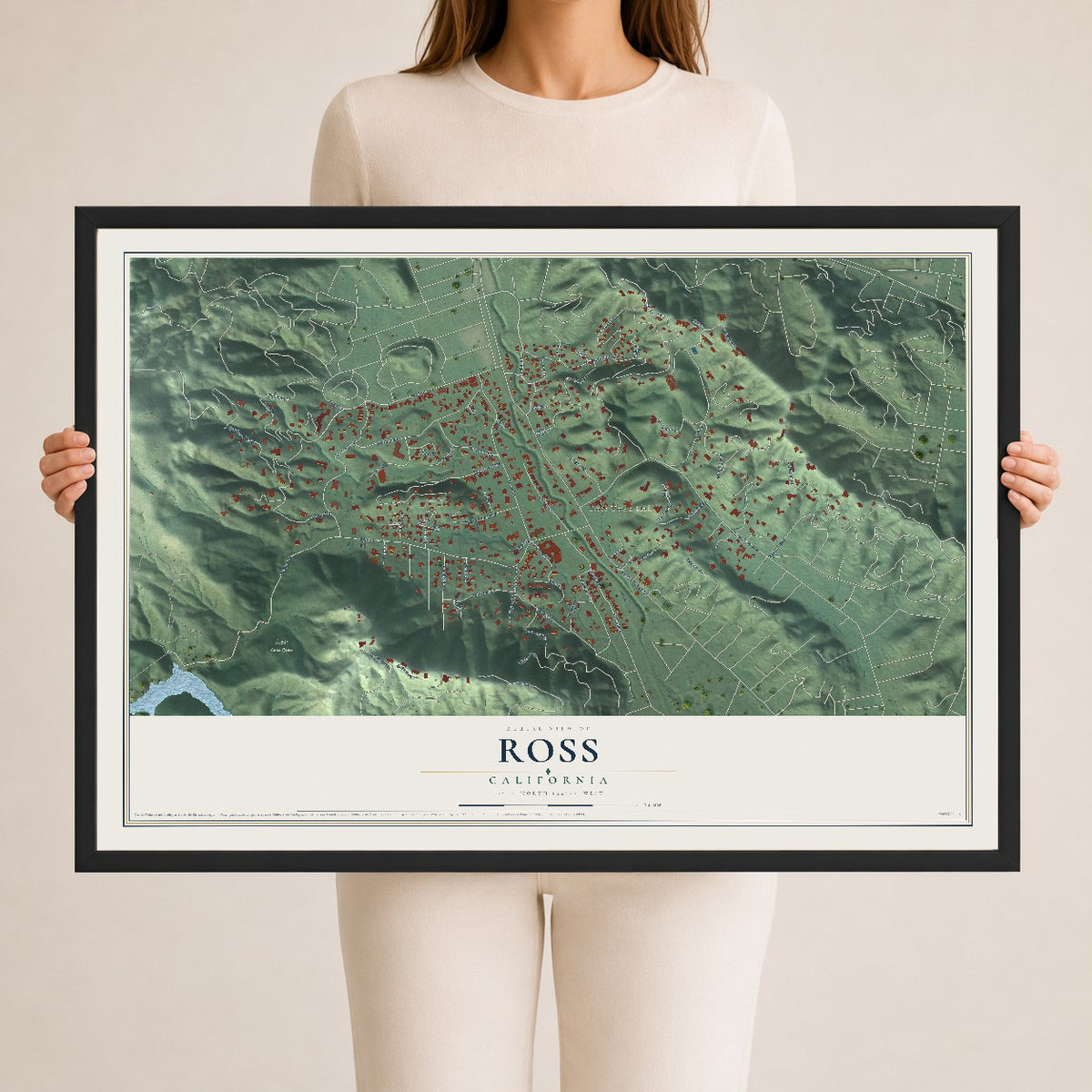 Map of Ross, California, 24 x 36 inch print in a black wood frame