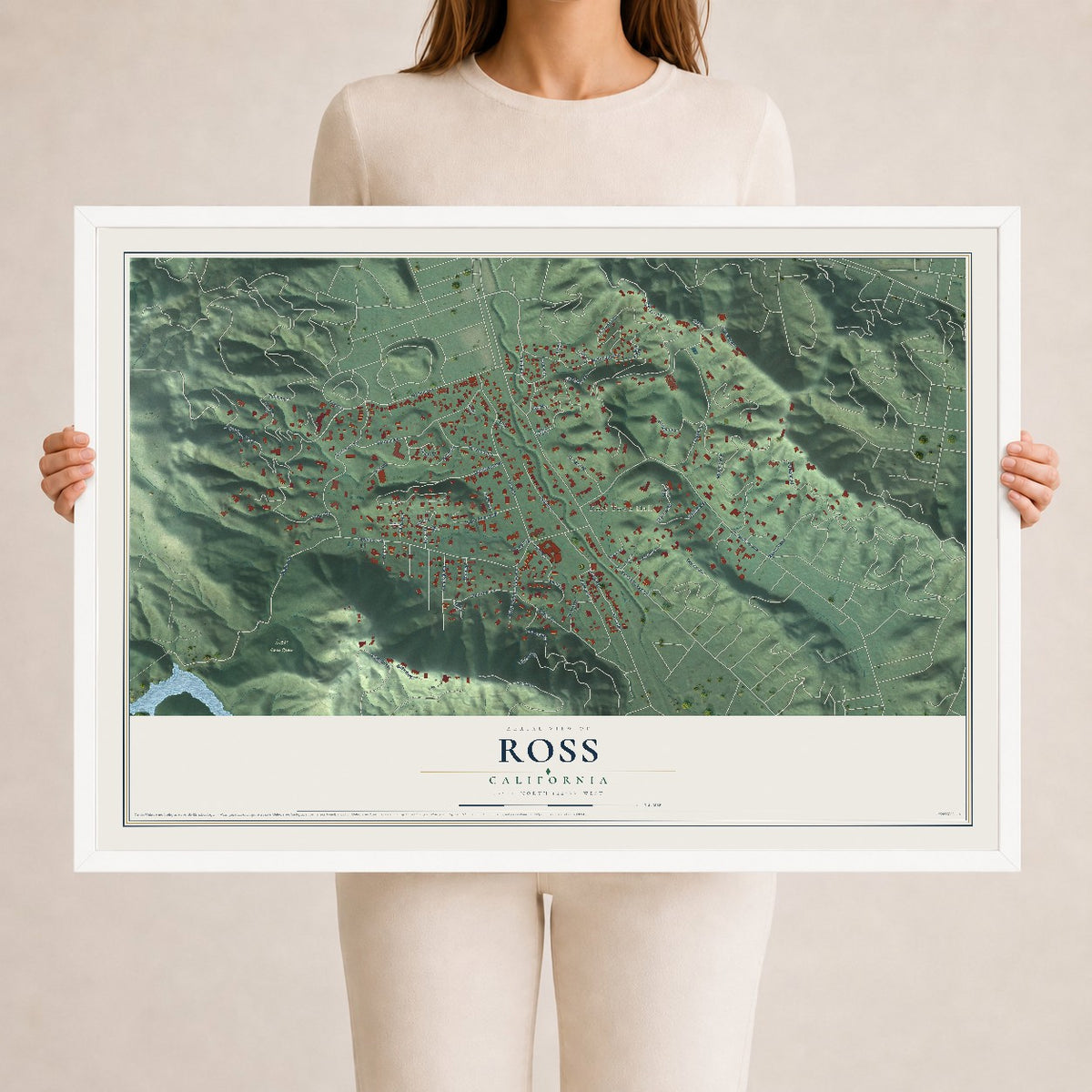 Map of Ross, California, 24 x 36 inch print in a white wood frame