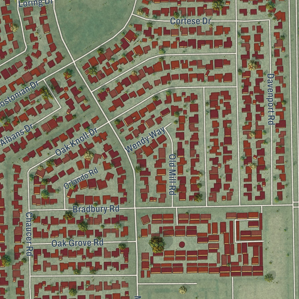 Second close-up of the map of Rossmoor, California print showing more streets and buildings