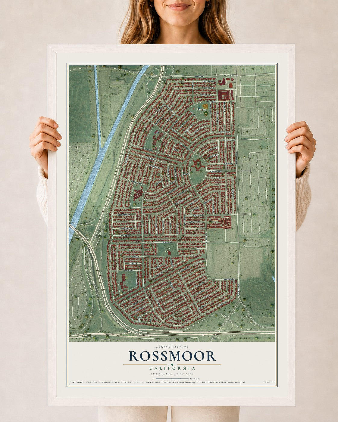 Map of Rossmoor, California, 24 x 36 inch print in a white wood frame