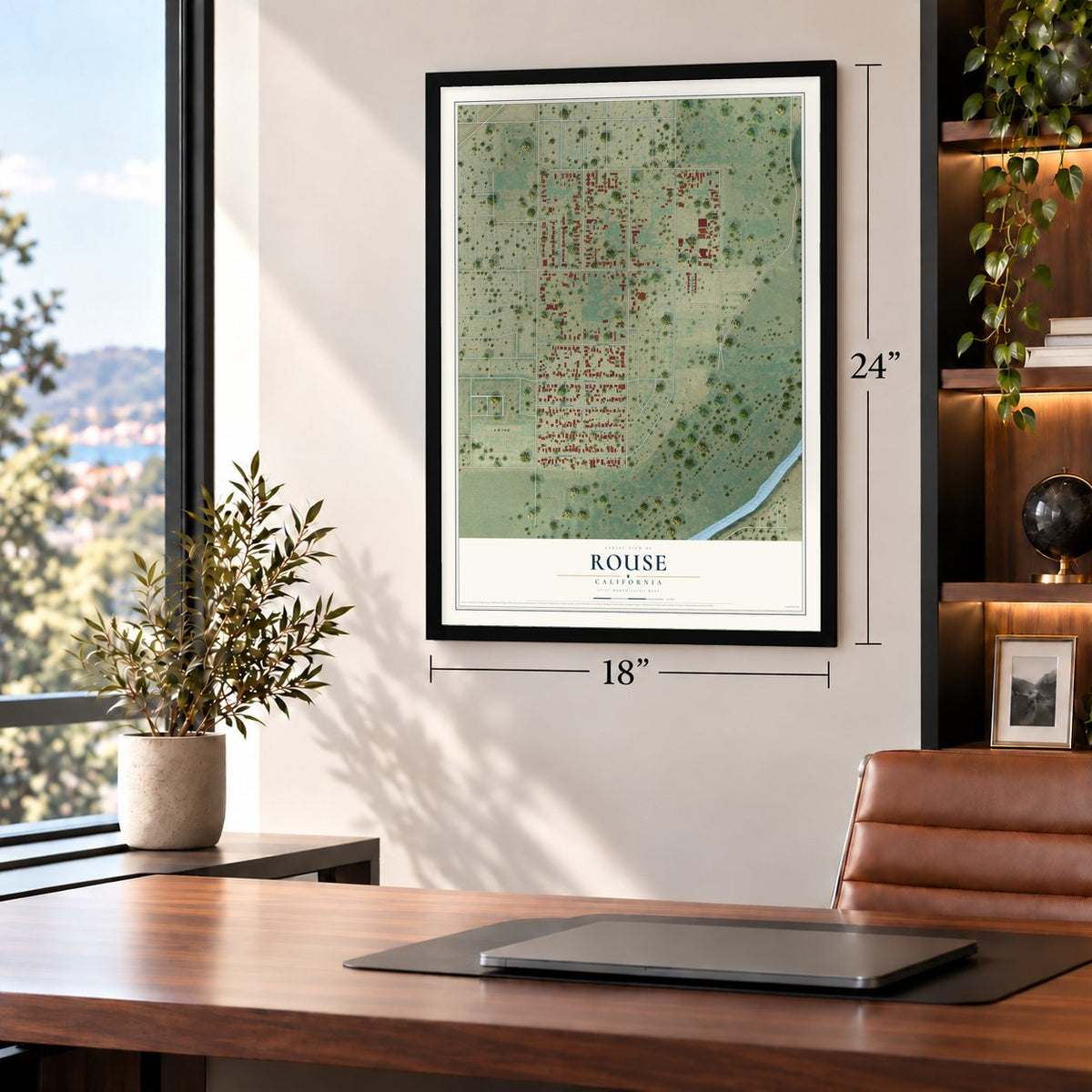 Rouse, California map, 18 x 24 inch print in a black frame in a home office
