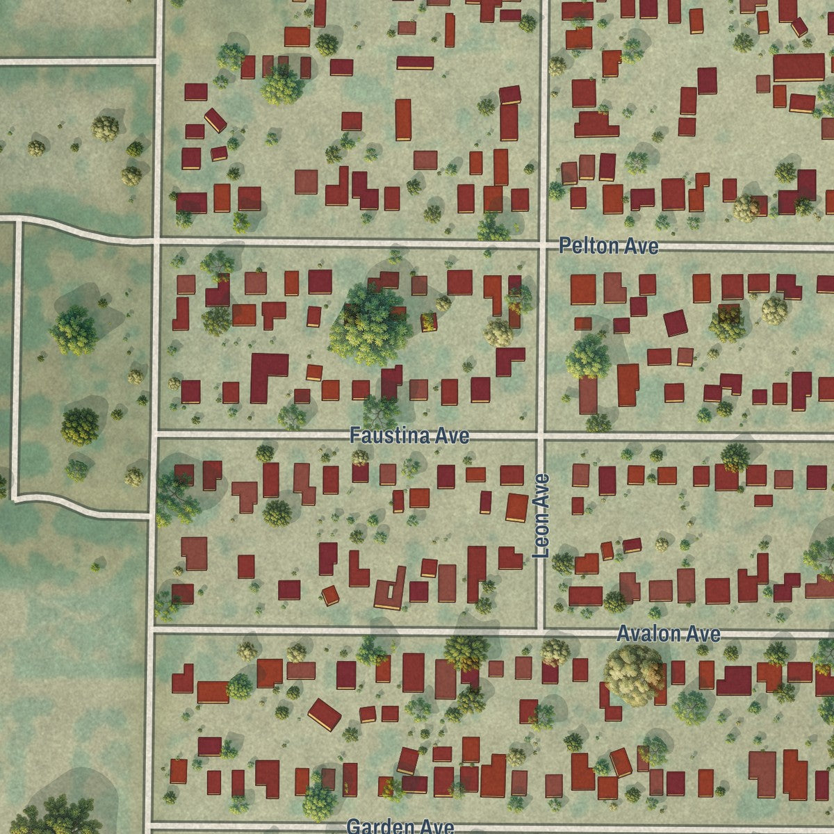 Close-up of the map of Rouse, California print showing street and building detail