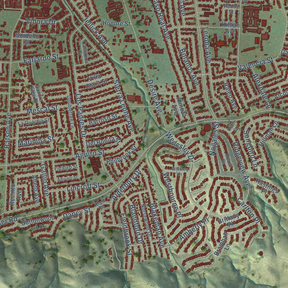 Close-up of the map of Rowland Heights, California print showing street and building detail