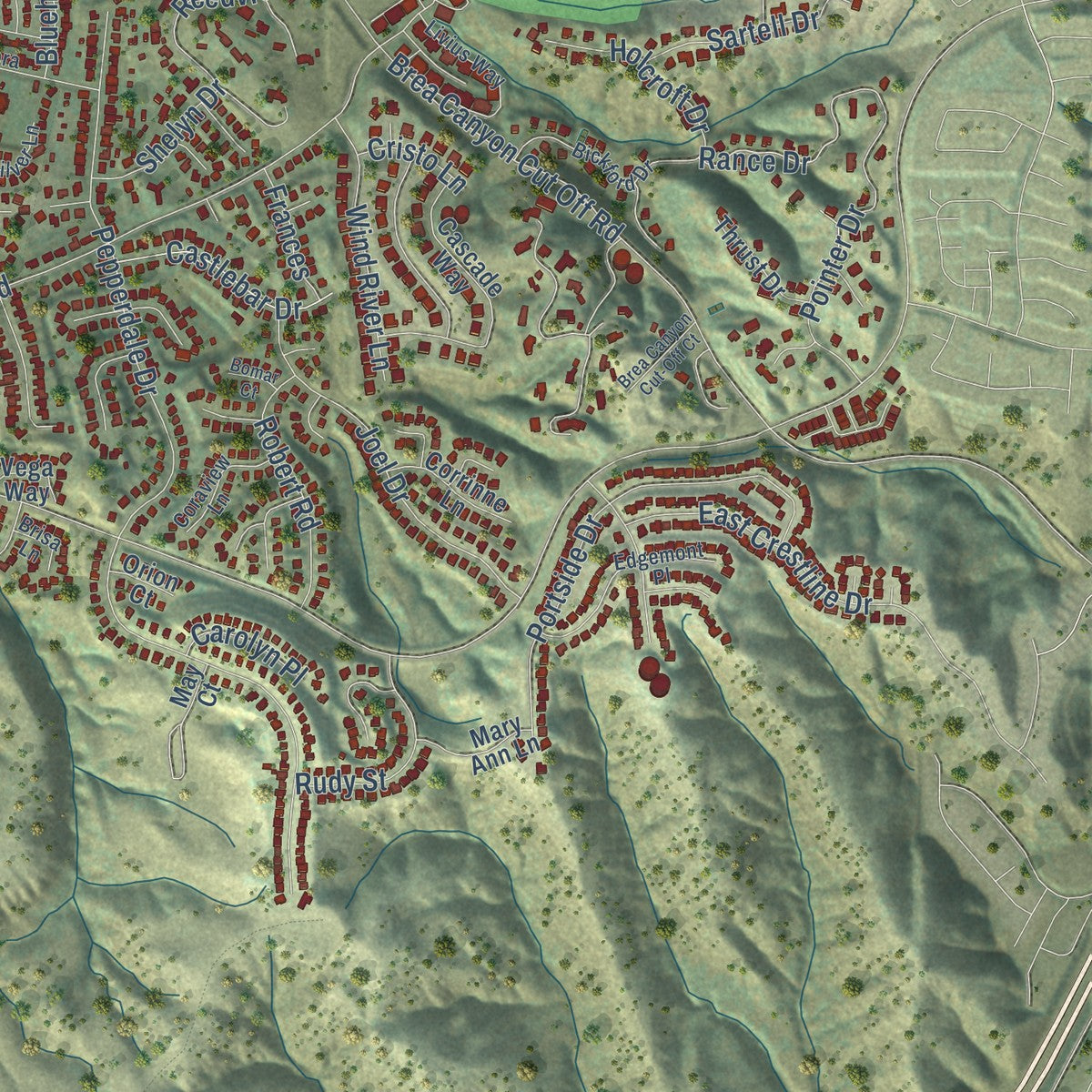 Second close-up of the map of Rowland Heights, California print showing more streets and buildings