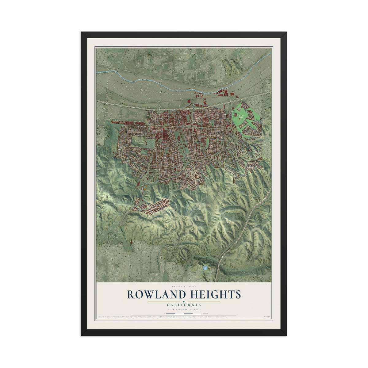 Map of Rowland Heights, California, 12 x 18 inch print in a black wood frame