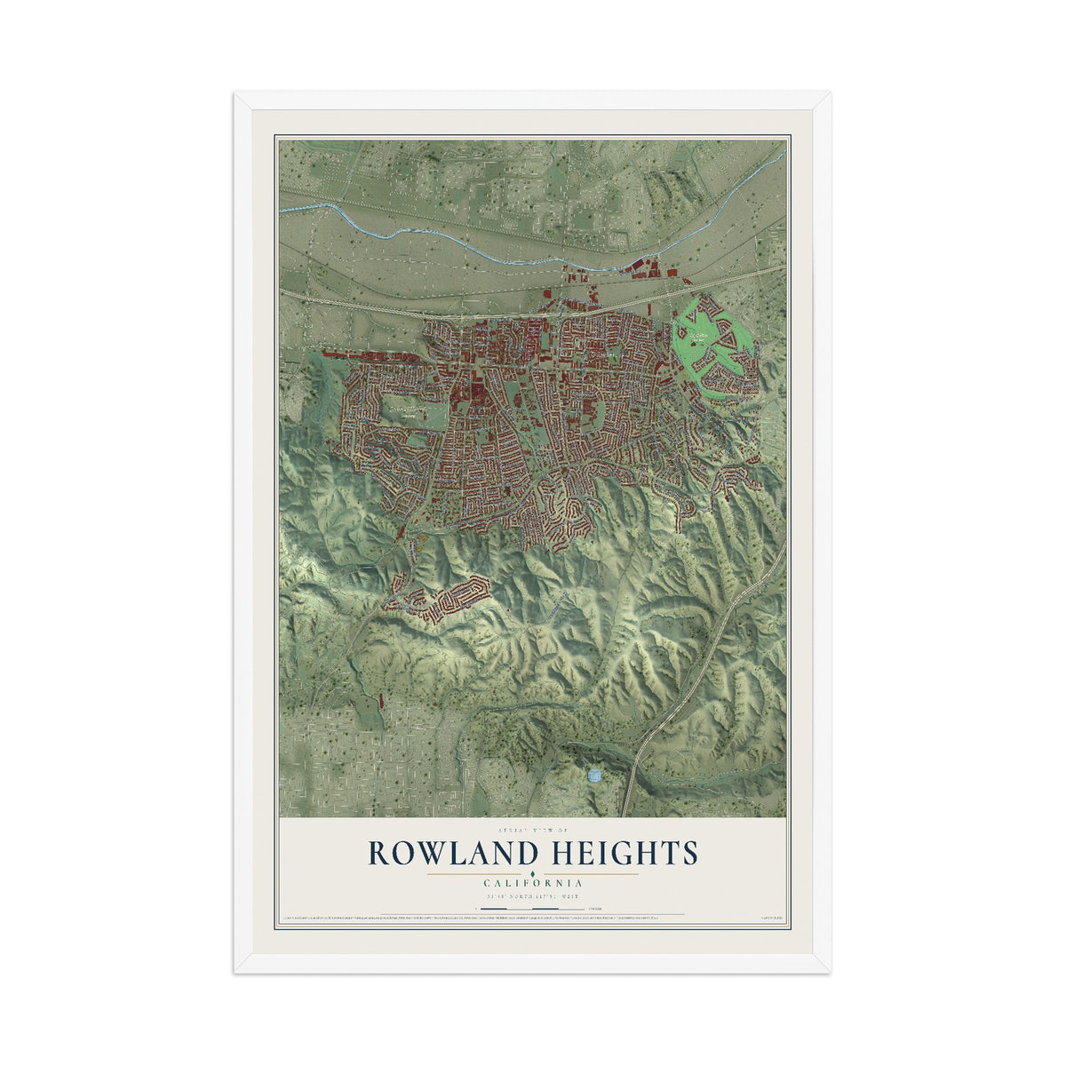 Map of Rowland Heights, California, 12 x 18 inch print in a white wood frame