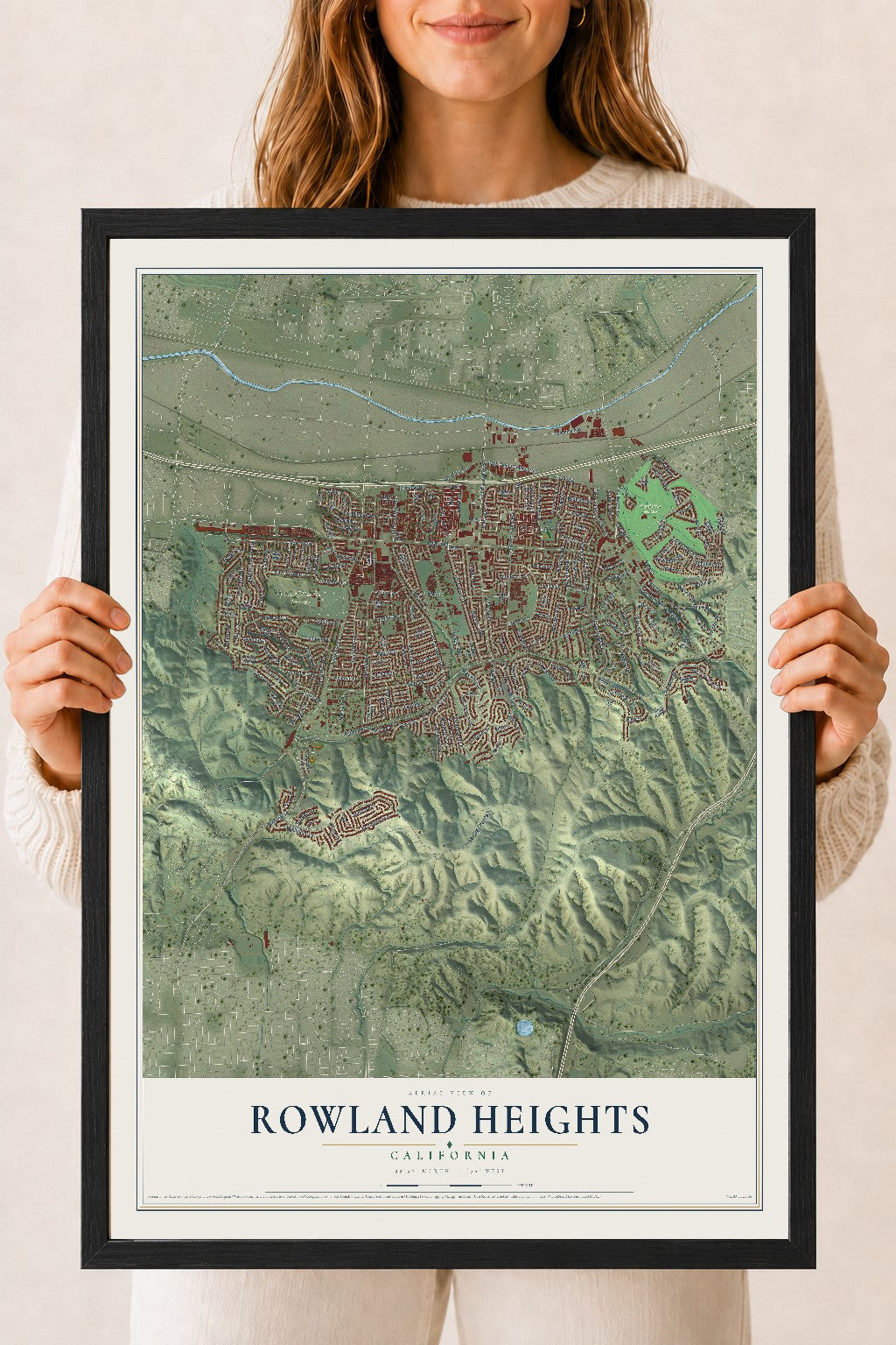 Map of Rowland Heights, California, 18 x 24 inch print in a black wood frame