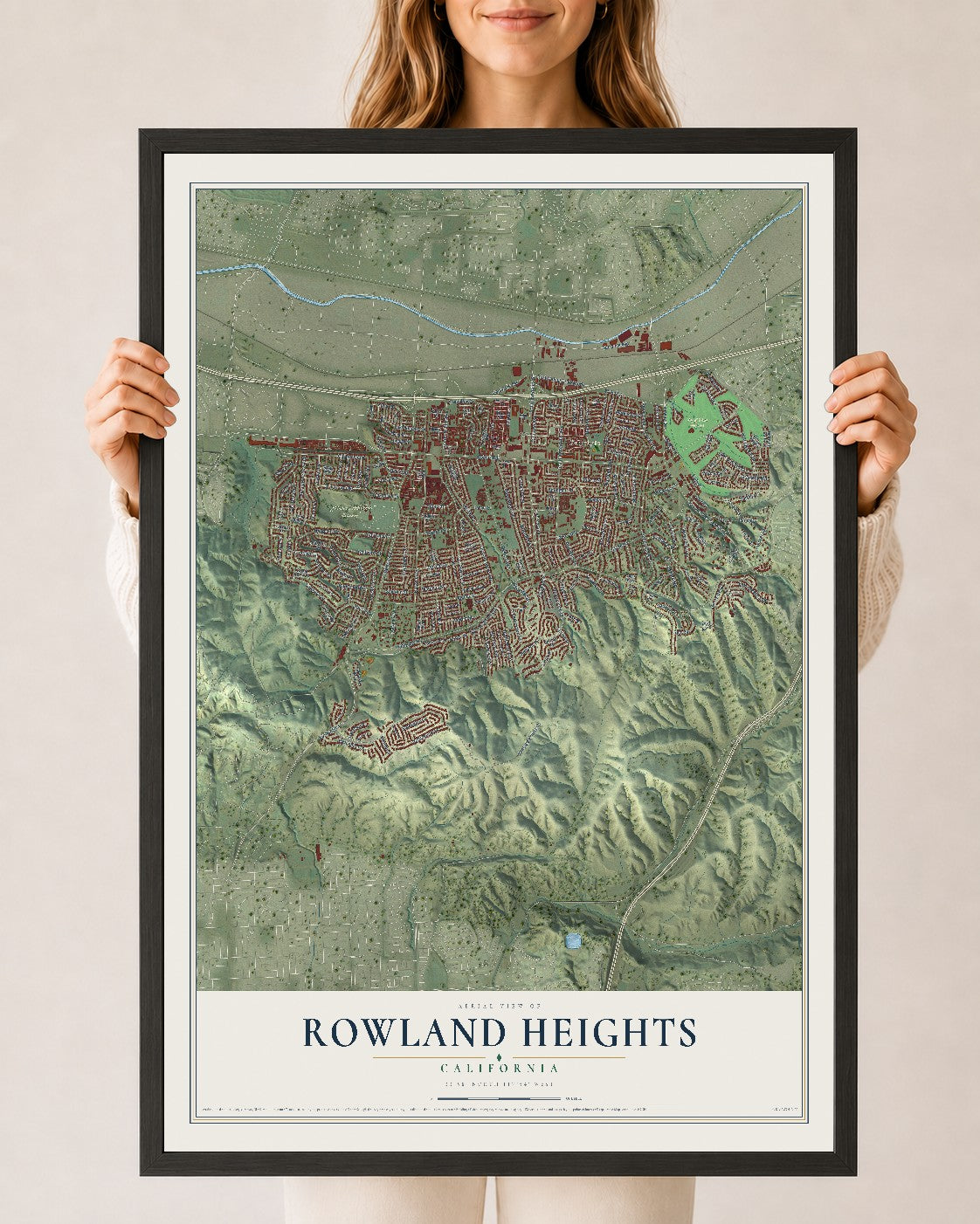 Map of Rowland Heights, California, 24 x 36 inch print in a black wood frame