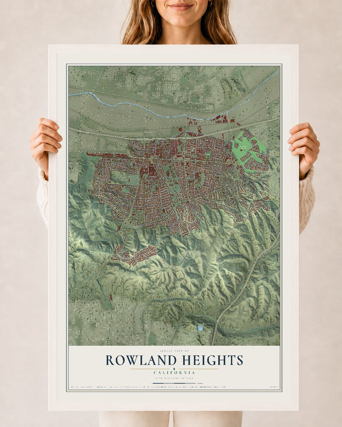 Map of Rowland Heights, California, 24 x 36 inch print in a white wood frame