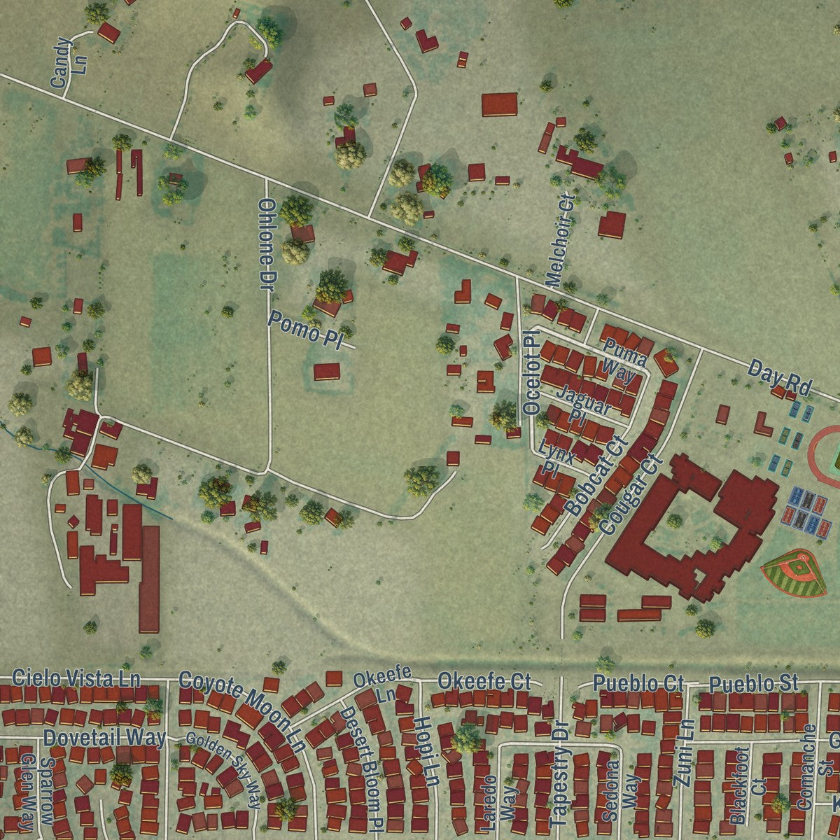 Close-up of the map of Rucker, California print showing street and building detail